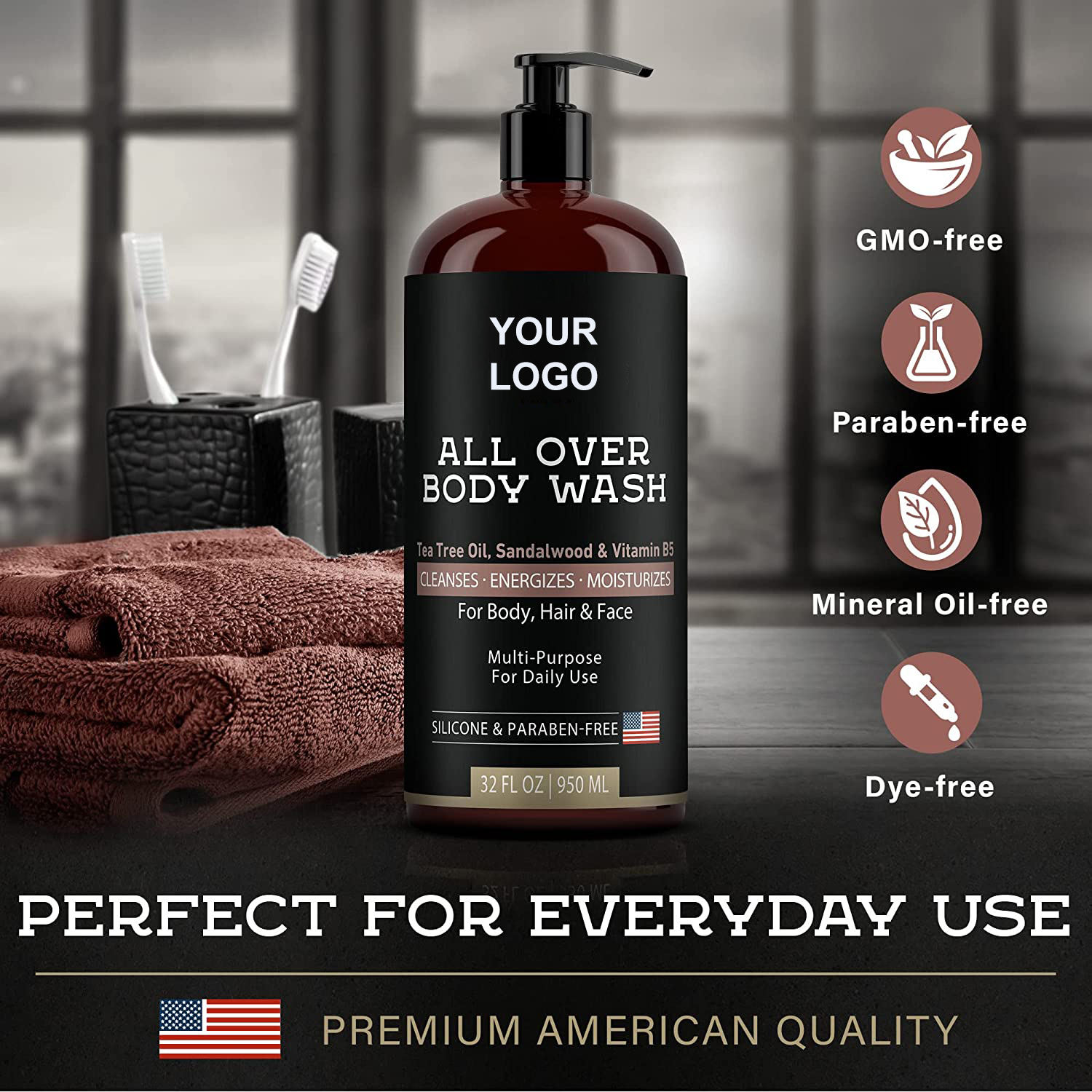 OEM Body Wash 950ML Refreshing Moisturizing Anti Itchy Liquid Soap Sandalwood Tea Tree Oil Body Shower Gel Mens Body Wash